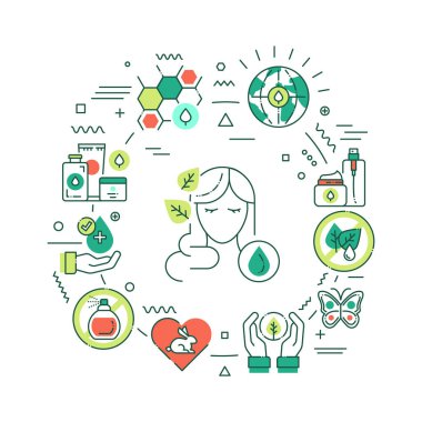 Organik kozmetik web afişi. Güzellik endüstrisi. Yeşil arkaplanda doğrusal simgeleri olan bilgi grafikleri. Yaratıcı fikir konsepti. İzole edilmiş dış hat renk çizelgesi.