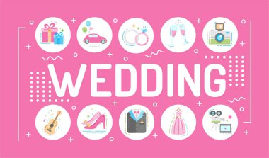 Düğün kelimesi tipografi. Pembe arka planda doğrusal simgeleri olan bilgi grafikleri. Yaratıcı fikir konsepti. İzole edilmiş dış hat renk çizelgesi