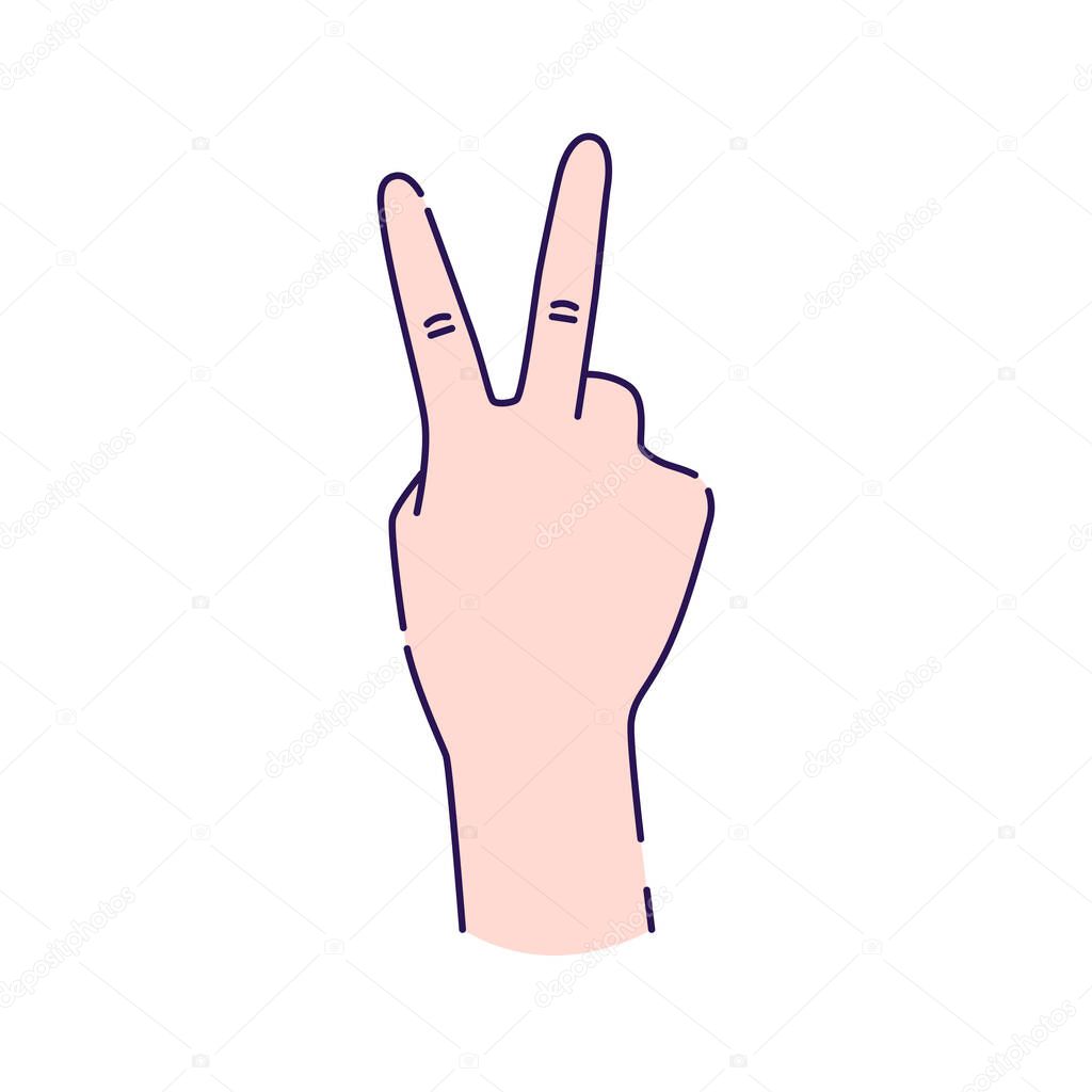 Two fingers gesture line color icon. Peace hand gesture sketch element. Pictogram for web page, mobile app, promo. Editable stroke. Hand drawn illustration