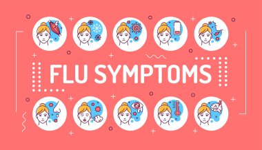 Grip belirtileri web afişi. Viral hastalıklar, soğuk algınlığı. Pembe arka planda doğrusal simgeleri olan bilgi grafikleri. Yaratıcı fikir konsepti. İzole edilmiş dış hat renk çizelgesi