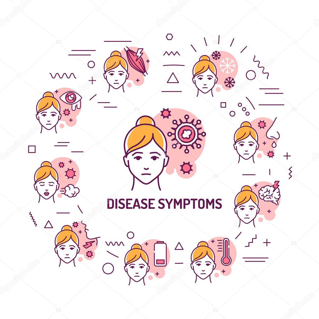 Disease symptoms web banner. Viral diseases, colds. Infographics with linear icons on pink background. Creative idea concept. Isolated outline color illustration.