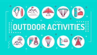 Ekstrem spor harfleri tipografi. Faaliyetler yüksek derecede risk içeriyor olarak algılanıyor. Mavi arkaplanda doğrusal simgeleri olan bilgi grafikleri. Yaratıcı fikir kavramı