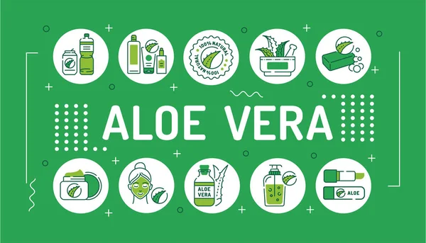 Aloe vera word lettering typography. Care products with aloe extract for face and body. Skincare. Cosmetics. Infographics with linear icons on green background. Creative idea concept. — Stock Illustration Aloe Vera Word Lettering Typography Care Products Aloe Extract Face Royalty Free Stock Illustrations
