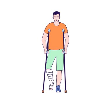 Bandajlı kırık bacaklı bir adam koltuk değneklerinin üzerinde duruyor. Yaralardan sonra rehabilitasyon. Ortopedi hastalıkları. Beyaz arkaplanda izole edilmiş çizgi film karakteri