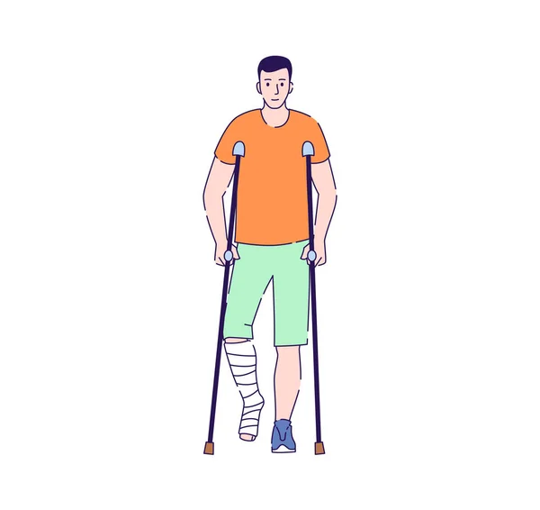 Man Broken Leg Bandage Standing Crutches Flat Vector Illustration Rehabilitation — Stock Vector