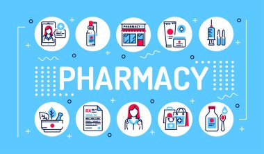 Eczane kelimesi tipografi. Hasta ve ilaçlarla tıbbi klinik iletişimi. Mavi arkaplanda doğrusal simgeleri olan bilgi grafikleri. İzole edilmiş dış hat renk çizelgesi