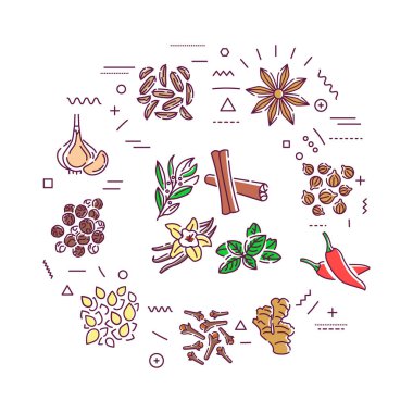 Baharat web afişi. Yemek malzemesi. Kahverengi arkaplanda doğrusal simgeleri olan bilgi grafikleri. Yaratıcı fikir konsepti. İzole edilmiş dış hat renk çizelgesi.