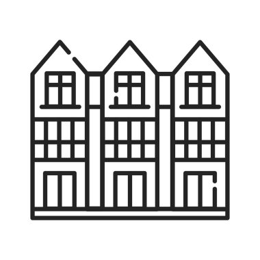 Townhouse siyah çizgi ikonu. Kulübeden manzaraya bak. Çevrenin manzarası. Web sayfası için piktogram, mobil uygulama, tanıtım. UI UX GUI tasarım elemanı. Düzenlenebilir vuruş