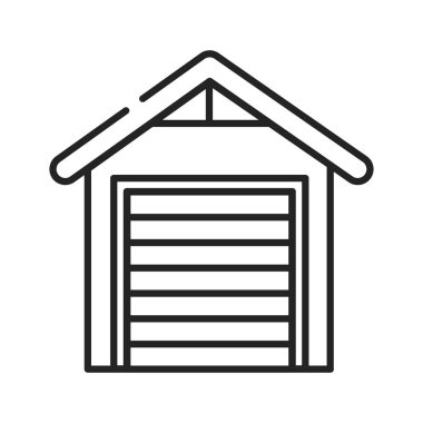 Garaj siyah çizgi simgesi. Bir arabanın tutulduğu bina. Bir evin yanında ya da bir parçası olarak inşa edilmiş. Web sayfası için piktogram, mobil uygulama, tanıtım. UI UX GUI tasarım elemanı. Düzenlenebilir vuruş