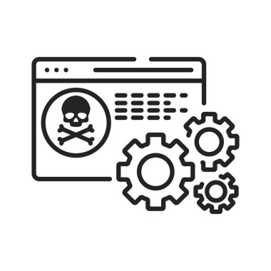 Yazılım dolandırıcılığı beyaz arkaplanda siyah çizgi simgesi. İnternet dolandırıcılığı. Sahte programlar. Kötü amaçlı yazılım. Web sayfası için piktogram, mobil uygulama, tanıtım. UI UX Arayüz tasarım ögesi