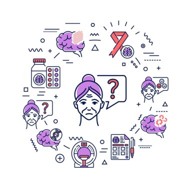 Alzheimer Hastalıkları web pankartı. Hafızada azalma. Zihinsel insan yeteneklerinde azalma. Arkaplanda doğrusal simgeler olan bilgi grafikleri. Yaratıcı fikir konsepti. İzole edilmiş dış hat renk çizelgesi.