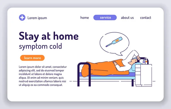 Stanna Hemma Webbanner Sjuk Man Med Kall Sjukdom Som Ligger — Stock vektor