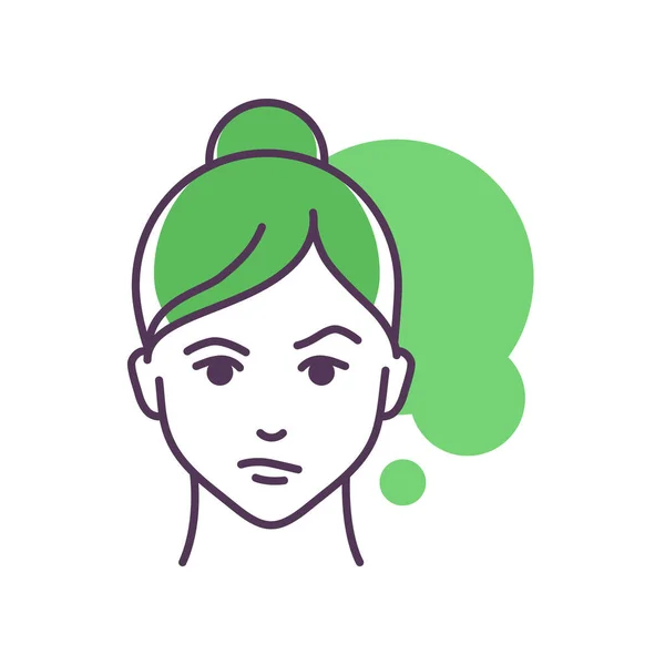 인간의 혼란 스러운 색깔 아이콘. 감정 스케치 요소를 묘사하는 소녀의 얼굴. 녹색 배경에 귀여운 캐릭터. 선 벡터 일러스트 — 스톡 벡터
