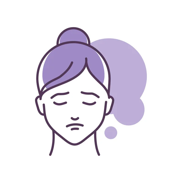 Menschliche Gefühle Depression Linie Farbe Symbol. Gesicht eines jungen Mädchens, das Emotion-Skizzenelement darstellt. Netter Charakter auf violettem Hintergrund. Umrissvektorillustration. — Stockvektor