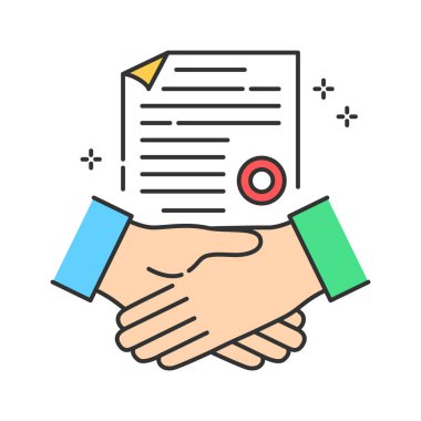 İş sözleşmesi renk çizgisi ikonu. El sıkışın ve belgeleyin. Kitle fonlaması. Web sayfasını imzala, uygulama. UI UX GUI tasarım elemanı. Düzenlenebilir vuruş