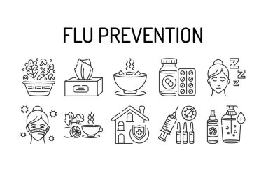 Grip önleme siyah çizgi simgeleri ayarlandı. Hastalığın önlenmesi ve grip virüsünün yayılması. Web sayfası için piktogram, mobil uygulama, tanıtım. UI UX Arayüz tasarım ögesi