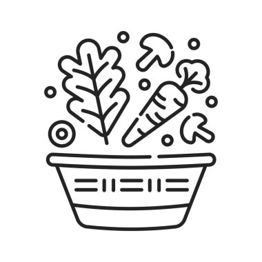 Sepet siyah çizgi ikonunda sebzeler. Doğal, sağlıklı vejetaryen yemekleri. Çiftçilik kavramı. Web sayfası için piktogram, mobil uygulama, tanıtım. UI UX GUI tasarım elemanı. Düzenlenebilir vuruş.