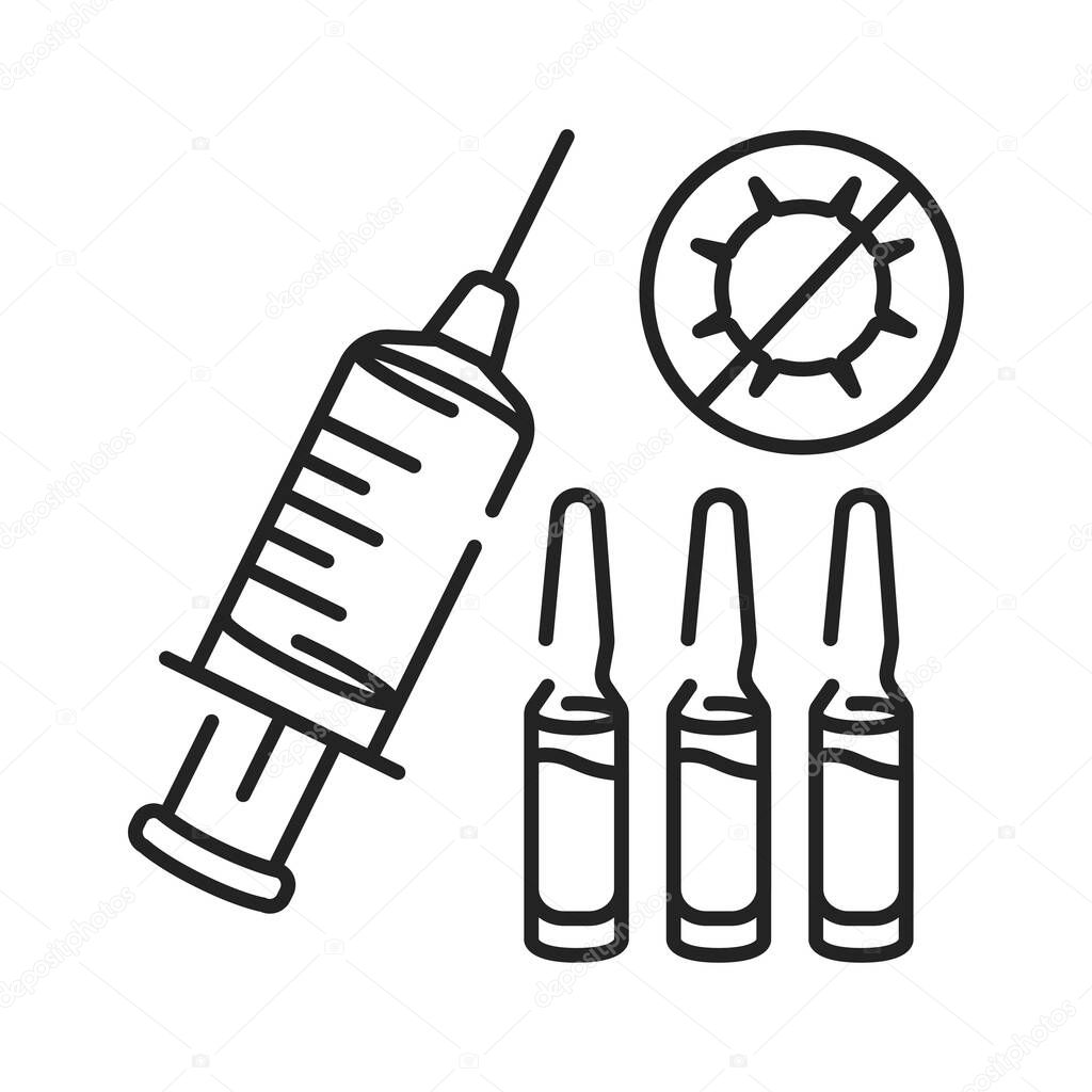 Flu shot black line icon. A vaccine given with a needle, usually in the arm. Pictogram for web page, mobile app, promo. UI UX GUI design element. Editable stroke