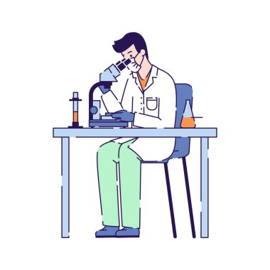 Bilim adamı COWID-19 vektör illüstrasyonuna karşı aşı arıyor. Coronavirus hastalığı kontrolü. Beyaz arkaplanda izole edilmiş çizgi film karakteri