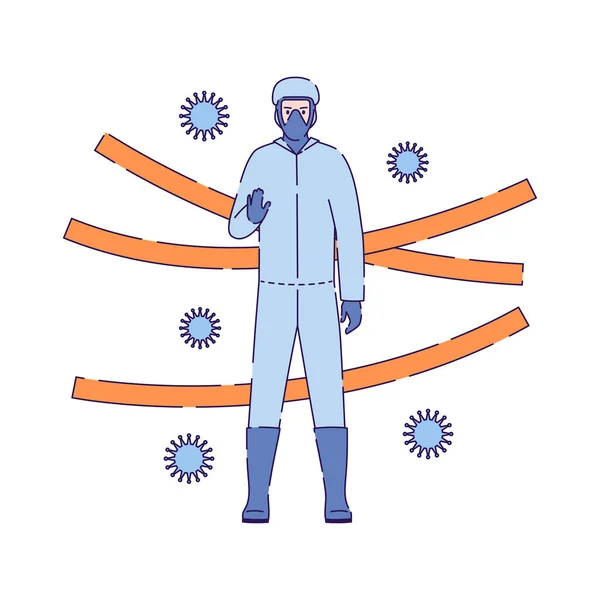 Mann Schutzanzug Vorsicht Coronavirus Quarantäne Bereich Globale Virusepidemie Oder Pandemie — Stockvektor