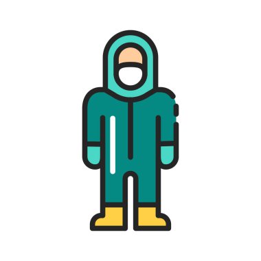 Doktor ya da tıbbi koruyucu giysi renk çizgisi ikonu olan işçi. Coronavirus salgını COVID-19. Virüslerden koru. Web sayfası için piktogram, mobil uygulama, tanıtım. Düzenlenebilir vuruş