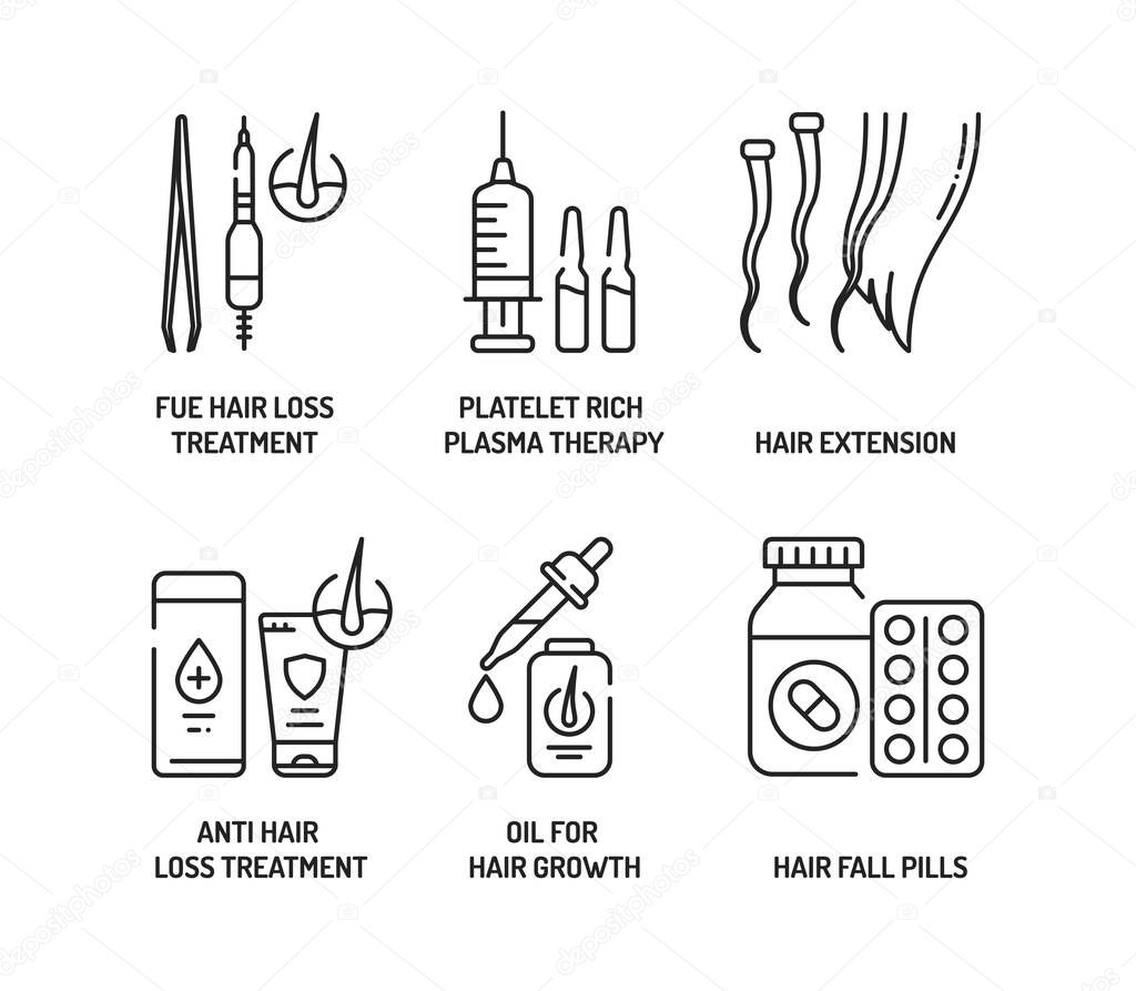 Hair treatment for alopecia black line icons set. Tools and actions that can help cure baldness. Alopecia. Pictogram for web page, mobile app, promo. UI UX GUI design element. Editable stroke