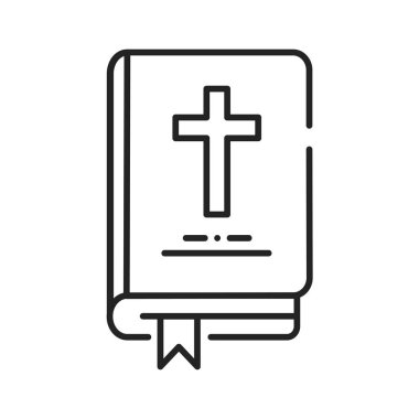 İncil siyah çizgi ikonu. Tanrı 'nın dünyadaki eylemlerini ve tüm yaratılış amacını anlatıyor. Web sayfası için piktogram, mobil uygulama, tanıtım. UI UX GUI tasarım elemanı. Düzenlenebilir vuruş