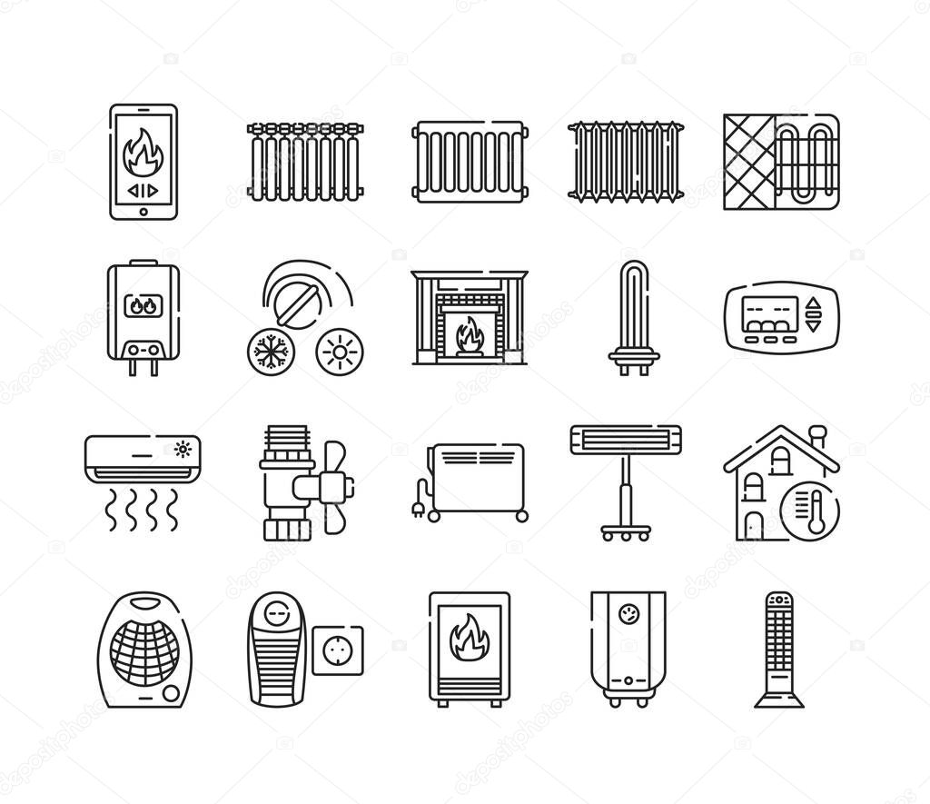 Heating devices black line icons set. A central heating system provides warmth to the whole building. Pictogram for web page, mobile app, promo. UI UX GUI design element. Editable stroke.