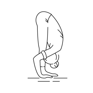Uttanasana siyah çizgi simgesi. Avuç içleri yere, topukların arkasına yerleştirilene kadar kalçaları öne doğru eğiliyor. UI UX GUI tasarım elemanı. Düzenlenebilir vuruş.