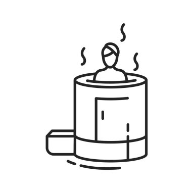 Sedir varili siyah çizgi simgesi. Bir kişi için organik bitkisel aroma saunası. Web sayfası için piktogram, mobil uygulama, tanıtım. UI UX GUI tasarım elemanı. Düzenlenebilir vuruş.