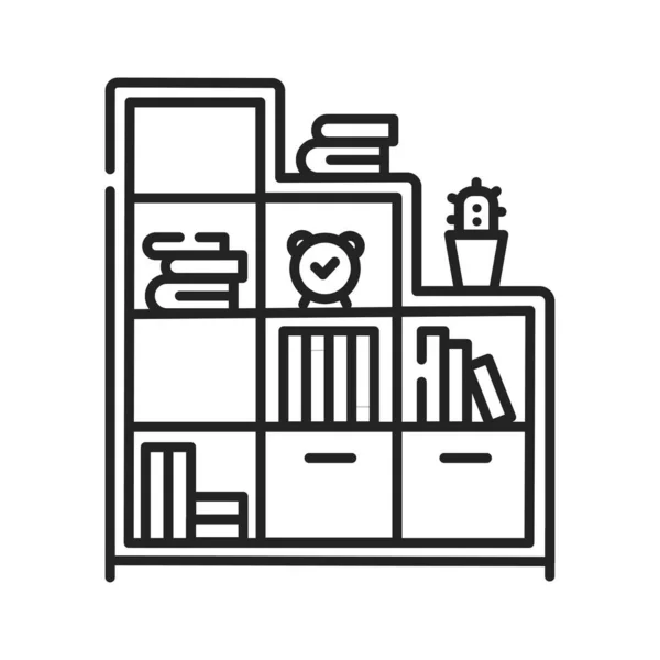 Ícone de linha preta de prateleira. Mobiliário de pé com prateleiras horizontais, muitas vezes em um armário, usado para armazenar livros. Pictograma para página web, aplicativo móvel, promo. UI UX GUI elemento de design — Vetor de Stock