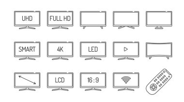 TV siyah çizgi simgeleri ayarlandı. Yayın sinyallerini al ve görüntülere ve seslere dönüştür. Farklı tür TV gösterimleri. Web sayfası için piktogram, mobil uygulama, tanıtım. Düzenlenebilir vuruş.