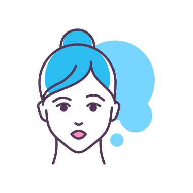 İnsanoğlunun heyecan çizgisi renk simgesi. Duygusal çizim elementini tasvir eden genç bir kızın yüzü. Turkuaz arka planda sevimli bir karakter. Taslak vektör illüstrasyonu.