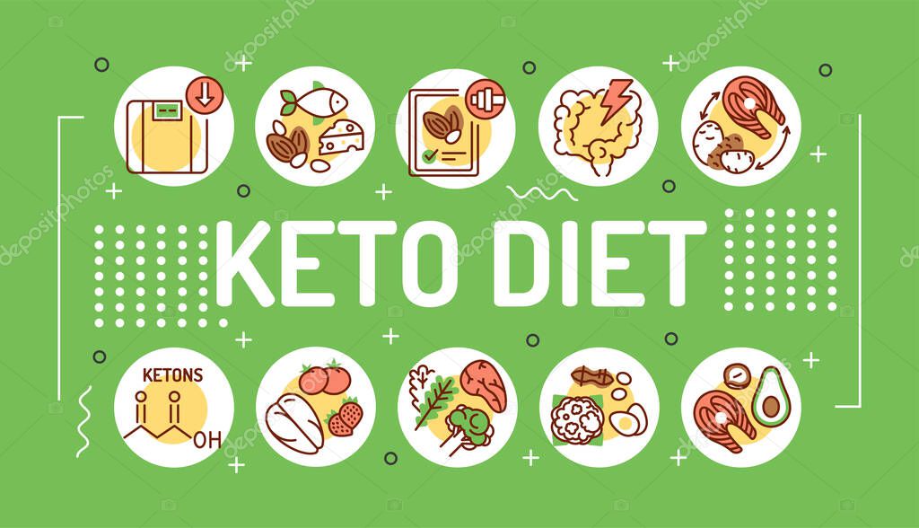 Keto diet word lettering typography. Very low-carb, high-fat diet. Infographics with linear icons on green background. Creative idea concept. Isolated outline color illustration
