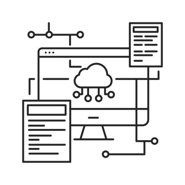 Arka plan geliştirme siyah çizgi simgesi. Geliştirmenin sunucu tarafına gönderme yapar. Web sayfası için piktogram, mobil uygulama, tanıtım. UI UX Arayüz tasarım ögesi