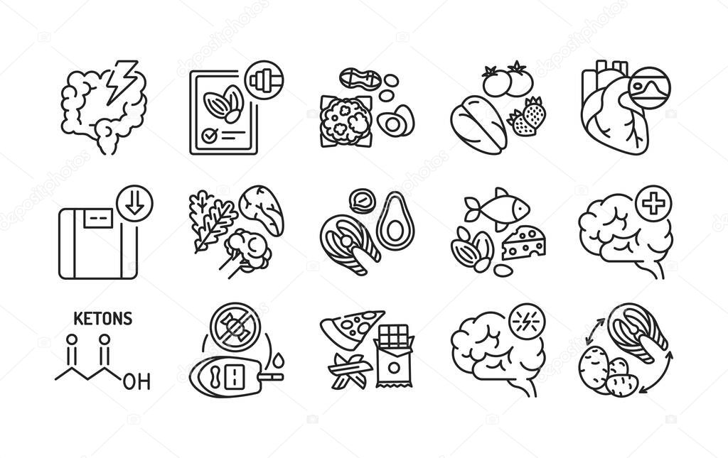Ketogenic diet black line icons set. Very low-carb, high-fat diet. Reducing carbohydrate intake and replacing it with fat. Pictogram for web page, mobile app, promo. Editable stroke.
