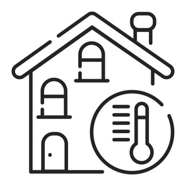 Ev, beyaz arka planda ısıtılmış siyah çizgi simgesi. Evin sıcaklığı. Web sayfası için piktogram, mobil uygulama, tanıtım. UI UX Arayüz tasarım ögesi.