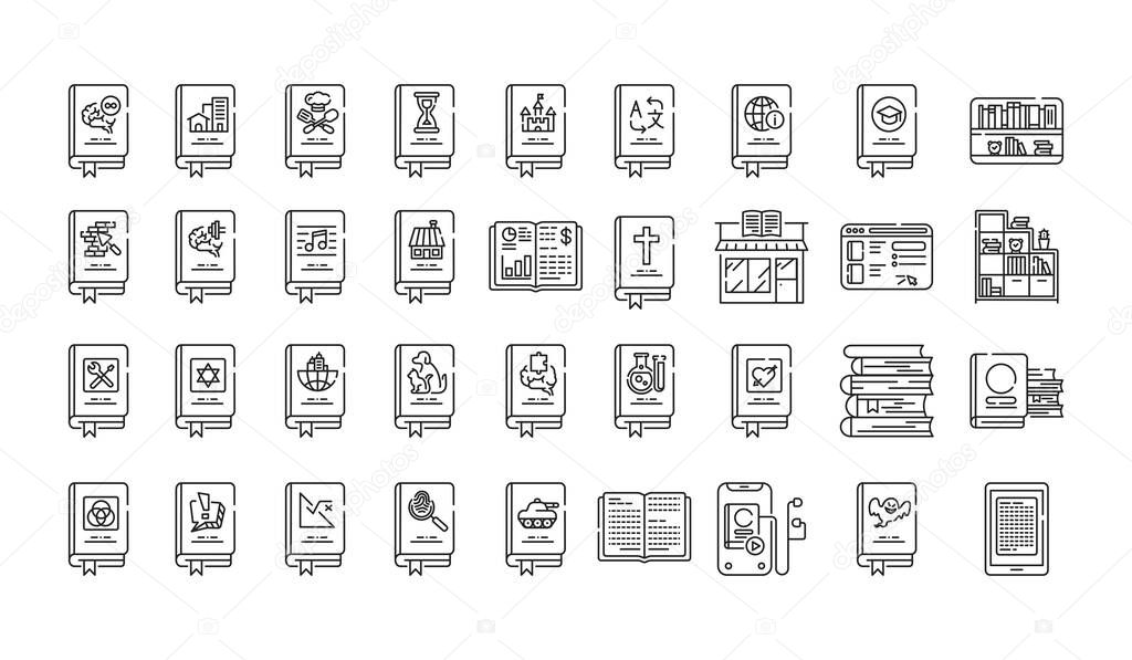 Genres of books black line icons set. Collection of all genres in literature. Pictogram for web page, mobile app, promo. UI UX GUI design element