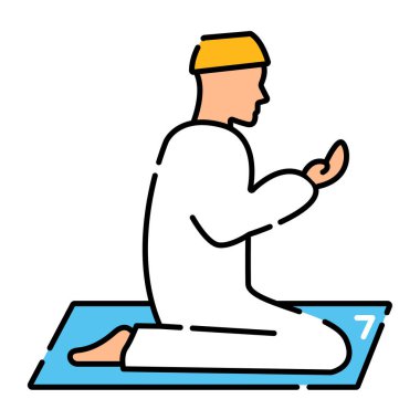 Diz çöküp dua eden adam renk çizgisi ikonu. Ramazan Kareem, Kuran 'a, eve ve camiye bağlı namaz. Web sayfası için piktogram, mobil uygulama, tanıtım. UI UX GUI tasarım elemanı. Düzenlenebilir vuruş
