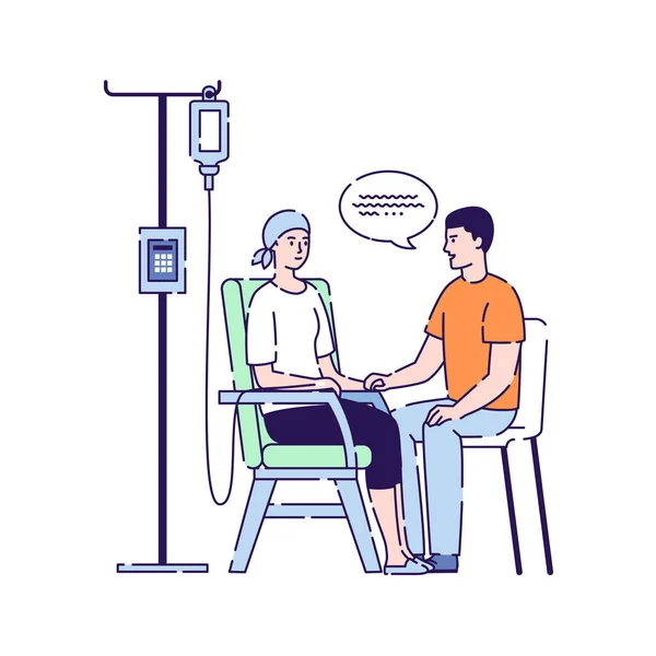 Paciente Sentada Una Silla Que Recibe Quimioterapia Ilustración Vectorial Medicamentos — Vector de stock