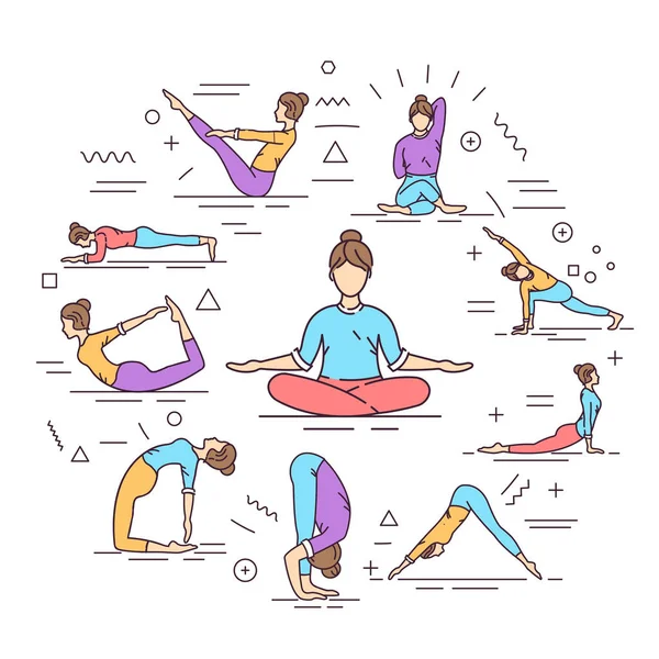 Yoga Web Banner Different Yoga Poses Asanas Infographics Linear Icons — Stock Photo, Image