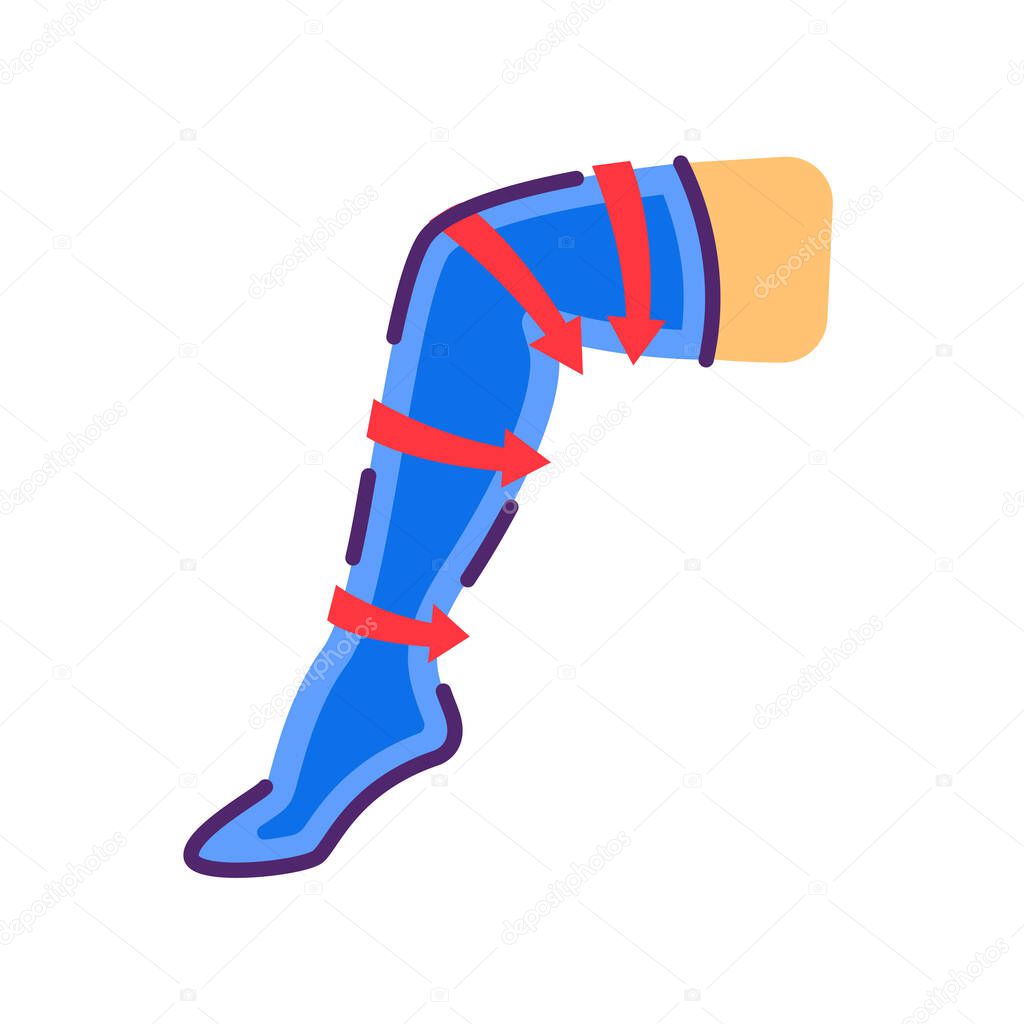 Compression stockings flat color icon. Orthopedic knitwear. Rehabilitation and treatment after injuries and in the postoperative period, venous diseases, leg swelling.