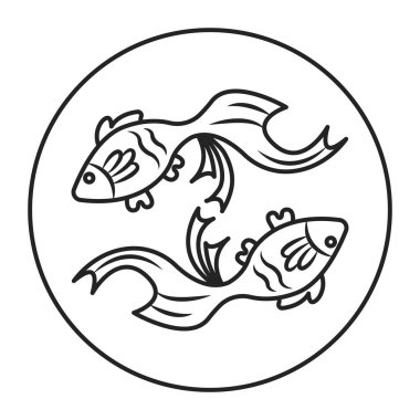 Balık burcu siyah çizgi ikonu. Zodiac burcu. Astroloji ve yıldız falı. Kehanetler ve insan karakteri. Element suyu. Cetvel Neptün. UI UX GUI tasarım elemanı. Düzenlenebilir vuruş