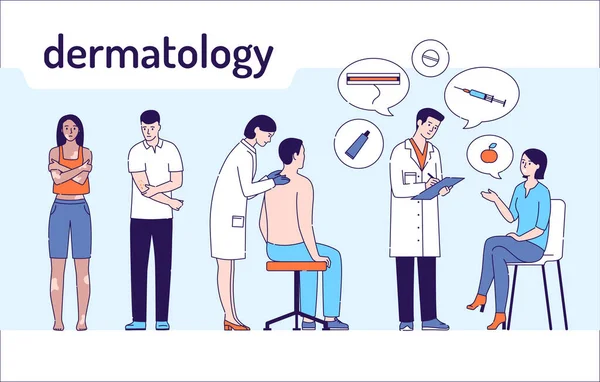Dermatolojik hastalıklar: Vitiligo, alerjik reaksiyon, dermatit. Tıbbi kontrol. Dermatolog danışma vektör çizimi. Mavi arkaplandaki izole çizgi film karakterleri.