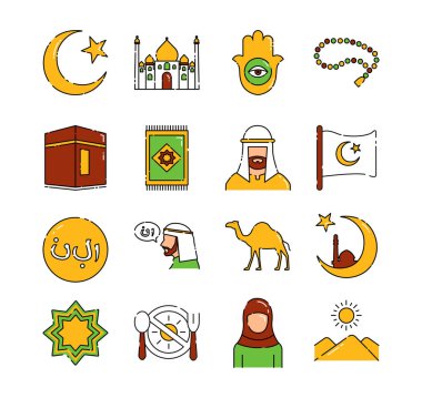 İslam renk çizgisi simgeleri belirlendi. Müslüman dinini simgeler. Web sayfası için piktogramlar, mobil uygulama, tanıtım. UI UX GUI tasarım elemanı. Düzenlenebilir vuruş
