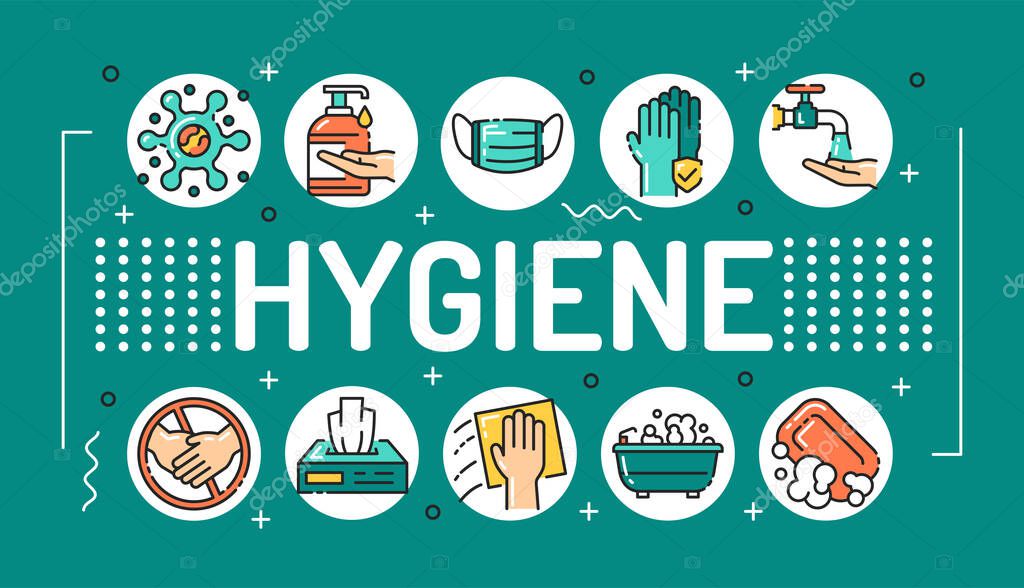 Hygiene word lettering typography. Infographics with linear icons on green background. Creative idea concept. Isolated outline color illustration.