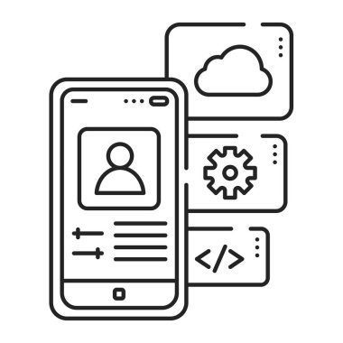 Uygulama fonksiyonları siyah çizgi simgesi. Başvuru nedeniyle yapılabilecek eylemler. Web sayfası için piktogram, mobil uygulama, tanıtım. UI UX GUI tasarım elemanı. Düzenlenebilir vuruş.