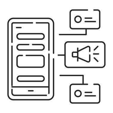 Bildirim yapılandırma siyah çizgi simgesi. İtme bildirim ayarları ekleniyor. Uygulama bildirimlerini açık veya kapalı olarak açabilirsiniz. UI UX GUI tasarım elemanı. Düzenlenebilir vuruş