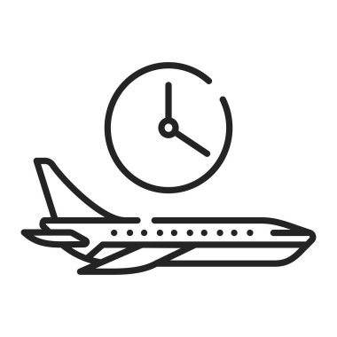 Uçuş zamanı siyah çizgi simgesi. Belirli bir uçağın kalkış zamanı. Değişebilir. Web sayfası için piktogram, mobil uygulama, tanıtım. UI UX GUI tasarım elemanı. Düzenlenebilir vuruş
