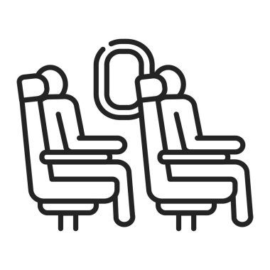 Yolcular siyah çizgi ikonundaki koltuklarda oturuyorlar. Uçak ekonomisi sınıfı iç mekan. Web sayfası için piktogram, mobil uygulama, tanıtım. UI UX GUI tasarım elemanı. Düzenlenebilir vuruş.